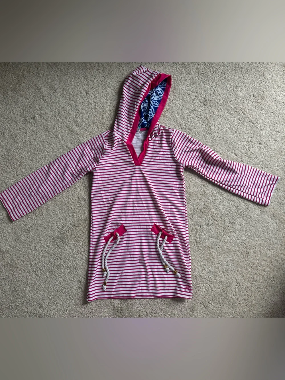 Cabana Life Pink & White Stripe Hooded Coverup with Blue Pattern Tankini